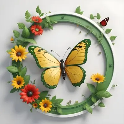 Digital Painting Circle Frame With Green Border Decorated With Flowers Leaves A Butterfly A Ladybug And A Sun In A White Background Bold And Slim Lines Brush Strokes 43 5bd1