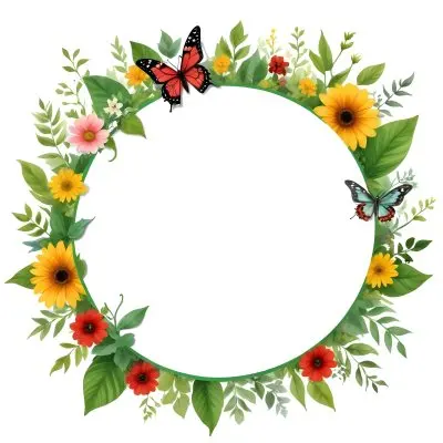 Digital Painting Circle Frame With Green Border Decorated With Flowers Leaves A Butterfly A Ladybug And A Sun In A White Background Bold And Slim Lines Brush Strokes 44 D34a