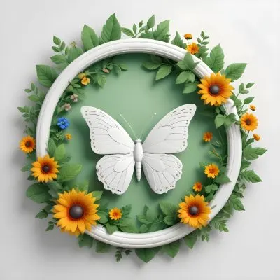Digital Painting Circle Frame With Green Border Decorated With Flowers Leaves A Butterfly A Ladybug And A Sun In A White Background Bold And Slim Lines Brush Strokes 45 Df56