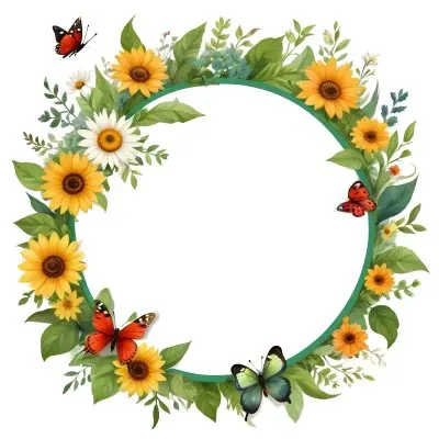 Digital Painting Circle Frame With Green Border Decorated With Flowers Leaves A Butterfly A Ladybug And A Sun In A White Background Bold And Slim Lines Brush Strokes 46 93da