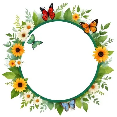 Digital Painting Circle Frame With Green Border Decorated With Flowers Leaves A Butterfly A Ladybug And A Sun In A White Background Bold And Slim Lines Brush Strokes 47 E5fb