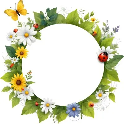 Digital Painting Circle Frame With Green Border Decorated With Flowers Leaves A Butterfly A Ladybug And A Sun In A White Background Bold And Slim Lines Brush Strokes 48 4475
