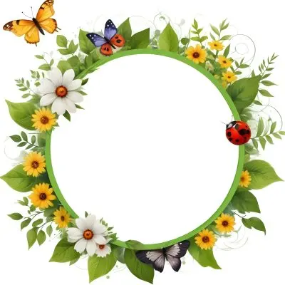 Digital Painting Circle Frame With Green Border Decorated With Flowers Leaves A Butterfly A Ladybug And A Sun In A White Background Bold And Slim Lines Brush Strokes 5 6a21