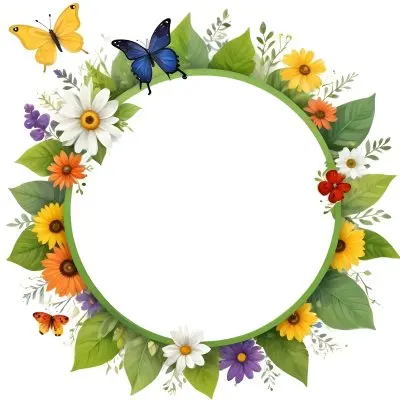Digital Painting Circle Frame With Green Border Decorated With Flowers Leaves A Butterfly A Ladybug And A Sun In A White Background Bold And Slim Lines Brush Strokes 7 Ecf1