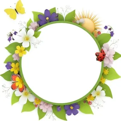 Digital Painting Circle Frame With Green Border Decorated With Flowers Leaves A Butterfly A Ladybug And A Sun In A White Background Bold And Slim Lines Brush Strokes 8 C00c