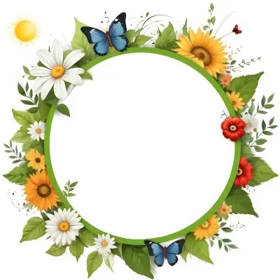 Digital Painting Circle Frame With Green Border Decorated With Flowers Leaves A Butterfly A Ladybug And A Sun In A White Background Bold And Slim Lines Brush Strokes 9 Dc5b