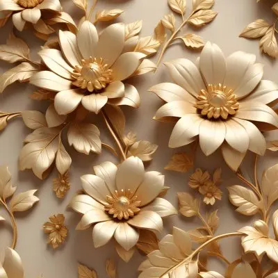 Digital Painting Elegant Floral Background With Large Golden Flowers And Leaves On A Light Beige Background Bold And Slim Lines Brush Strokes 20 9a37