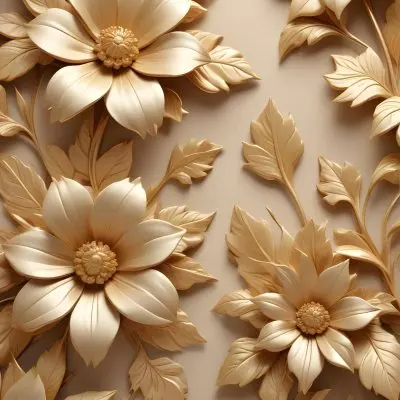 Digital Painting Elegant Floral Background With Large Golden Flowers And Leaves On A Light Beige Background Bold And Slim Lines Brush Strokes 22 3356
