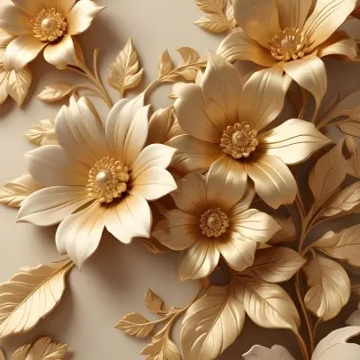 Digital Painting Elegant Floral Background With Large Golden Flowers And Leaves On A Light Beige Background Bold And Slim Lines Brush Strokes 28 D3fe