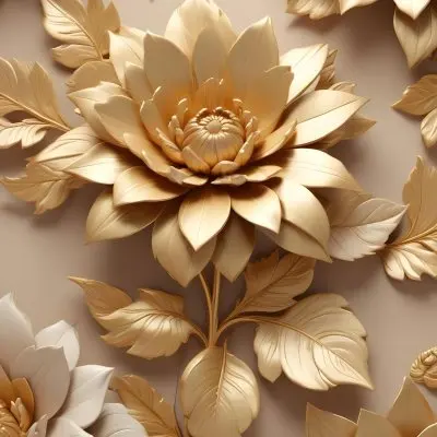Digital Painting Elegant Floral Background With Large Golden Flowers And Leaves On A Light Beige Background Bold And Slim Lines Brush Strokes 29 4db0