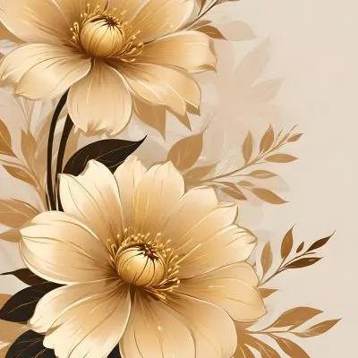 Digital Painting Elegant Floral Background With Large Golden Flowers And Leaves On A Light Beige Background Bold And Slim Lines Brush Strokes 45 7187