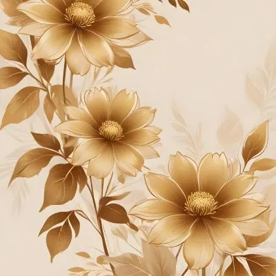 Digital Painting Elegant Floral Background With Large Golden Flowers And Leaves On A Light Beige Background Bold And Slim Lines Brush Strokes 58 C385