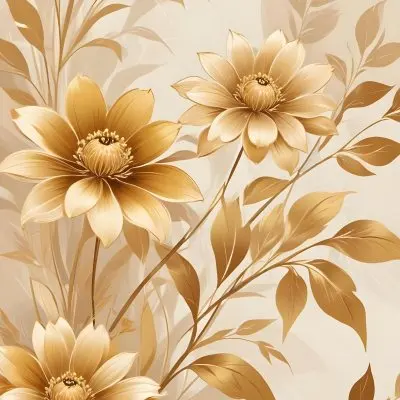 Digital Painting Elegant Floral Background With Large Golden Flowers And Leaves On A Light Beige Background Bold And Slim Lines Brush Strokes 65 Ba20