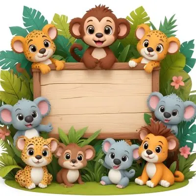 Digital Painting Monkey Three Koalas Three Leopards A Lion And A Mouse Around A Wooden Sign In A Jungle Bold And Slim Lines Brush Strokes 2 Fbec