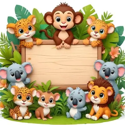 Digital Painting Monkey Three Koalas Three Leopards A Lion And A Mouse Around A Wooden Sign In A Jungle Bold And Slim Lines Brush Strokes 3 4e25