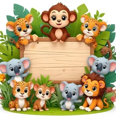 Digital Painting Monkey Three Koalas Three Leopards A Lion And A Mouse Around A Wooden Sign In A Jungle Bold And Slim Lines Brush Strokes 4 A0c9