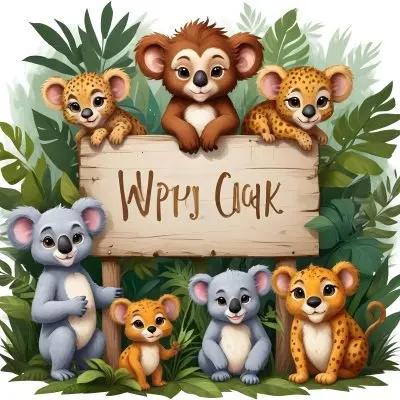 Digital Painting Monkey Three Koalas Three Leopards A Lion And A Mouse Around A Wooden Sign In A Jungle Bold And Slim Lines Brush Strokes 5 A2a6