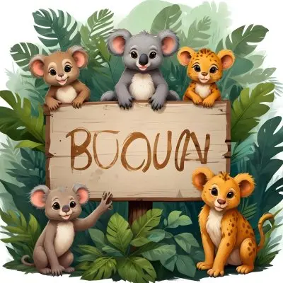Digital Painting Monkey Three Koalas Three Leopards A Lion And A Mouse Around A Wooden Sign In A Jungle Bold And Slim Lines Brush Strokes 6 4c07