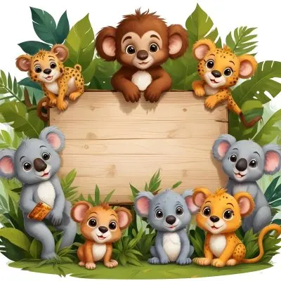 Digital Painting Monkey Three Koalas Three Leopards A Lion And A Mouse Around A Wooden Sign In A Jungle Bold And Slim Lines Brush Strokes 7 2103