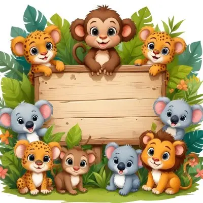 Digital Painting Monkey Three Koalas Three Leopards A Lion And A Mouse Around A Wooden Sign In A Jungle Bold And Slim Lines Brush Strokes 8 4ae3