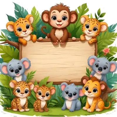 Digital Painting Monkey Three Koalas Three Leopards A Lion And A Mouse Around A Wooden Sign In A Jungle Bold And Slim Lines Brush Strokes 9 Ff62
