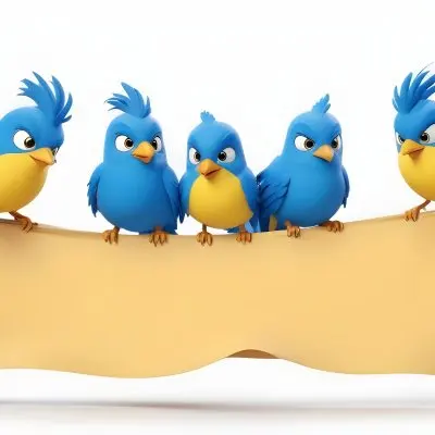 Digital Painting Three Cartoon Birds With Blue Feathers And Yellow Accents One In The Center With A Blue Body And Yellow Belly Perched On A Scroll Like Banner The Background Is Plain And Light Colored Bold And Sl 10 379b
