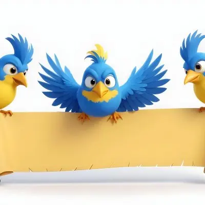 Digital Painting Three Cartoon Birds With Blue Feathers And Yellow Accents One In The Center With A Blue Body And Yellow Belly Perched On A Scroll Like Banner The Background Is Plain And Light Colored Bold And Sl 11 D48d