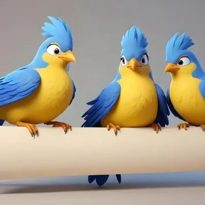 Digital Painting Three Cartoon Birds With Blue Feathers And Yellow Accents One In The Center With A Blue Body And Yellow Belly Perched On A Scroll Like Banner The Background Is Plain And Light Colored Bold And Sl 3 0a41