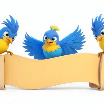 Digital Painting Three Cartoon Birds With Blue Feathers And Yellow Accents One In The Center With A Blue Body And Yellow Belly Perched On A Scroll Like Banner The Background Is Plain And Light Colored Bold And Sl 6 2f0f