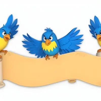 Digital Painting Three Cartoon Birds With Blue Feathers And Yellow Accents One In The Center With A Blue Body And Yellow Belly Perched On A Scroll Like Banner The Background Is Plain And Light Colored Bold And Sl 7 F79f