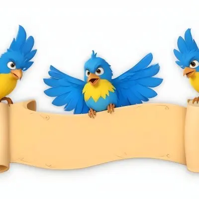 Digital Painting Three Cartoon Birds With Blue Feathers And Yellow Accents One In The Center With A Blue Body And Yellow Belly Perched On A Scroll Like Banner The Background Is Plain And Light Colored Bold And Sl 9 764e