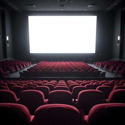 Empty Movie Theater With Red Velvet Seats Facing A Bright White Screen Dark And Quiet Atmosphere Classic Cinema Setting 1 77be