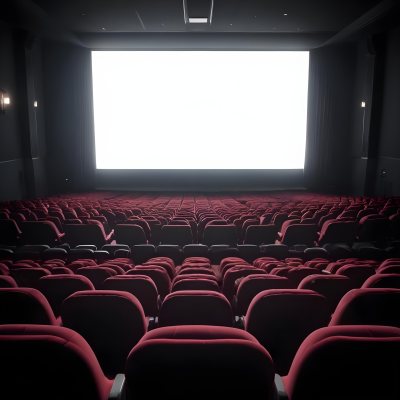 Empty Movie Theater With Red Velvet Seats Facing A Bright White Screen Dark And Quiet Atmosphere Classic Cinema Setting 11 D676
