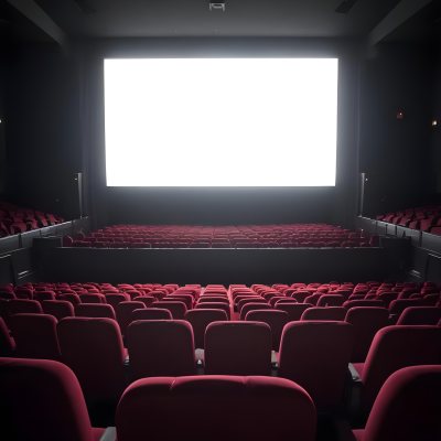 Empty Movie Theater With Red Velvet Seats Facing A Bright White Screen Dark And Quiet Atmosphere Classic Cinema Setting 14 7d51