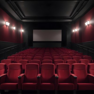 Empty Movie Theater With Red Velvet Seats Facing A Bright White Screen Dark And Quiet Atmosphere Classic Cinema Setting 15 Ea12