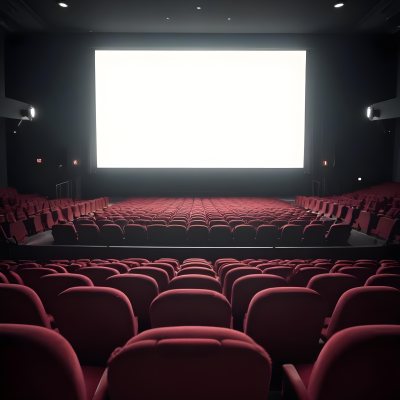 Empty Movie Theater With Red Velvet Seats Facing A Bright White Screen Dark And Quiet Atmosphere Classic Cinema Setting 18 15ef