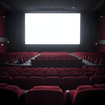 Empty Movie Theater With Red Velvet Seats Facing A Bright White Screen Dark And Quiet Atmosphere Classic Cinema Setting 20 3bbe