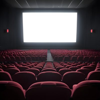Empty Movie Theater With Red Velvet Seats Facing A Bright White Screen Dark And Quiet Atmosphere Classic Cinema Setting 22 F10c