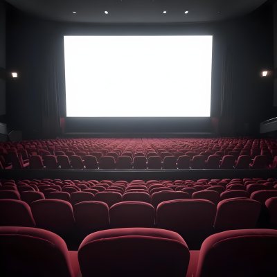 Empty Movie Theater With Red Velvet Seats Facing A Bright White Screen Dark And Quiet Atmosphere Classic Cinema Setting 25 E699