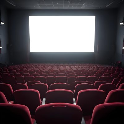 Empty Movie Theater With Red Velvet Seats Facing A Bright White Screen Dark And Quiet Atmosphere Classic Cinema Setting 3 12aa