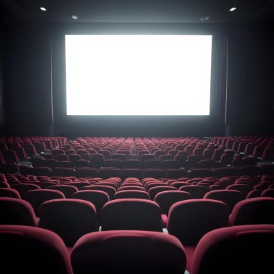 Empty Movie Theater With Red Velvet Seats Facing A Bright White Screen Dark And Quiet Atmosphere Classic Cinema Setting 6 8246