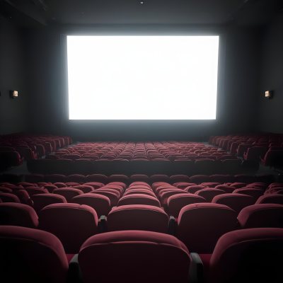 Empty Movie Theater With Red Velvet Seats Facing A Bright White Screen Dark And Quiet Atmosphere Classic Cinema Setting 8 1336