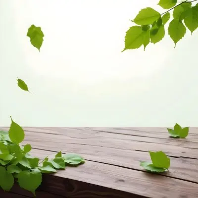 Green Leaves Floating Over A Wooden Surface 17 C639