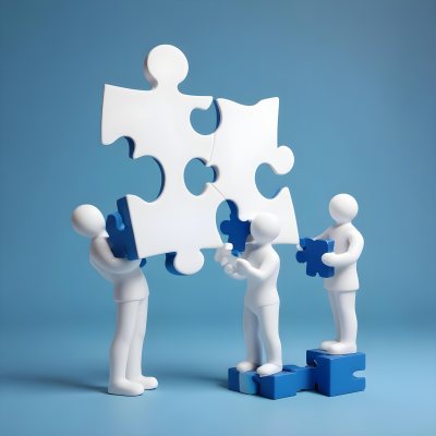 Minimal Soft Studio Light Photography A White 3d Figure Holding A Blue Puzzle Piece And Standing Next To Two Blue Puzzle Pieces Representing Problem Solving And Teamwork High Detail Solid Bold Color Backgroun 10 Da2d