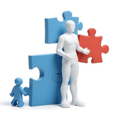 Minimal Soft Studio Light Photography A White 3d Figure Holding A Blue Puzzle Piece And Standing Next To Two Blue Puzzle Pieces Representing Problem Solving And Teamwork High Detail Solid Bold Color Backgroun 12 533c