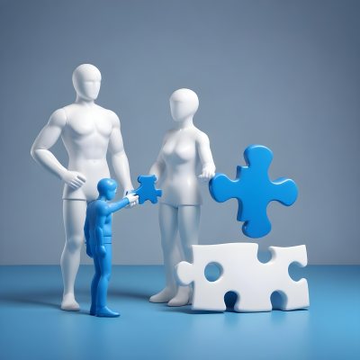 Minimal Soft Studio Light Photography A White 3d Figure Holding A Blue Puzzle Piece And Standing Next To Two Blue Puzzle Pieces Representing Problem Solving And Teamwork High Detail Solid Bold Color Backgroun 4 A920