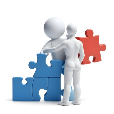 Minimal Soft Studio Light Photography A White 3d Figure Holding A Blue Puzzle Piece And Standing Next To Two Blue Puzzle Pieces Representing Problem Solving And Teamwork High Detail Solid Bold Color Backgroun 6 E55a