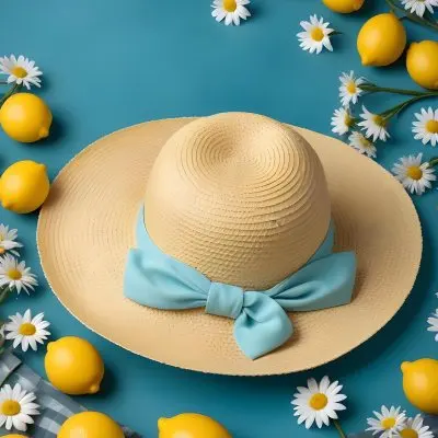 Minimal Soft Studio Light Photography A Yellow Straw Hat With A Bow Surrounded By White Daisies Lemons And A Yellow And White Checkered Cloth On A Teal Blue Background High Detail Solid Bold Color Background 11 4ed7