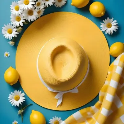 Minimal Soft Studio Light Photography A Yellow Straw Hat With A Bow Surrounded By White Daisies Lemons And A Yellow And White Checkered Cloth On A Teal Blue Background High Detail Solid Bold Color Background 12 37ea