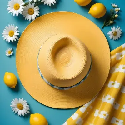 Minimal Soft Studio Light Photography A Yellow Straw Hat With A Bow Surrounded By White Daisies Lemons And A Yellow And White Checkered Cloth On A Teal Blue Background High Detail Solid Bold Color Background 14 C2a2